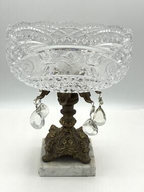 Vintage Hollywood Regency Cut Glass Compote Bowl, Brass Pedestal Marble Base